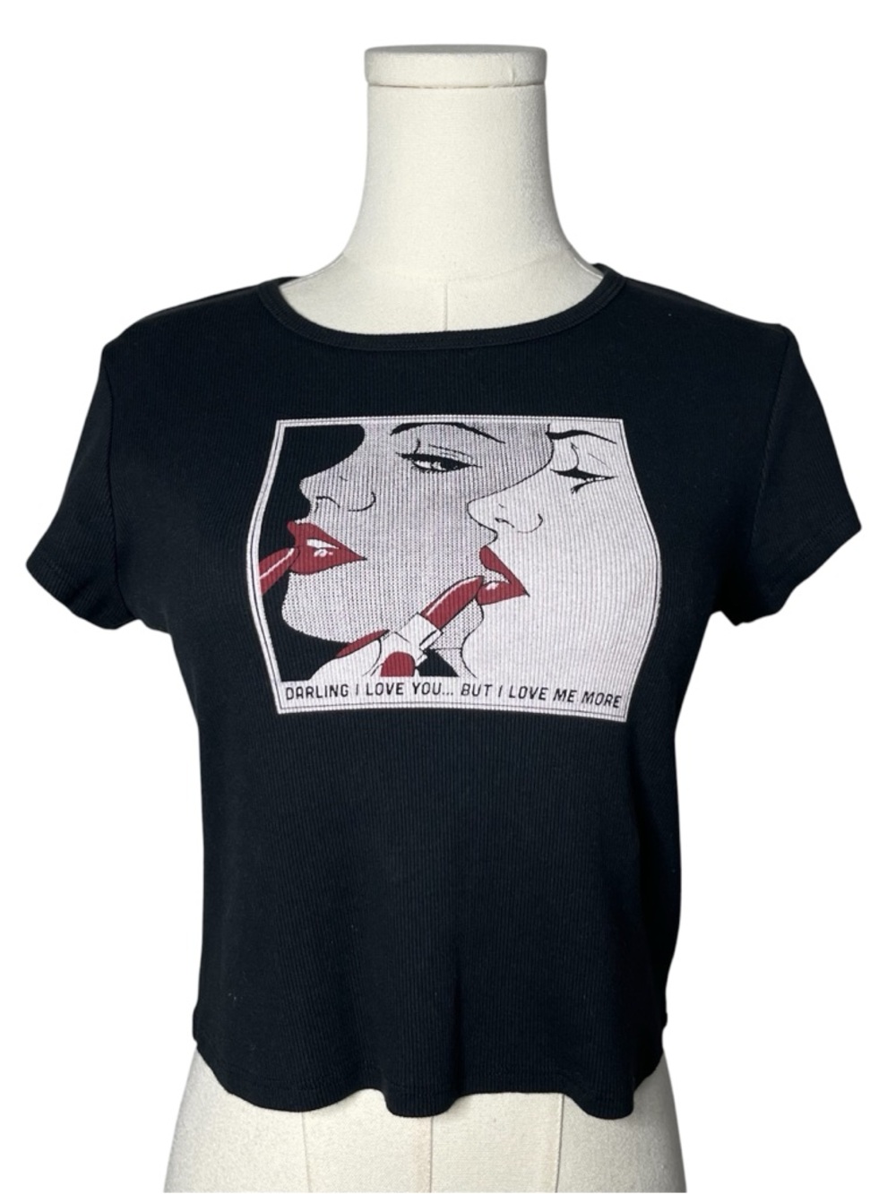 Reformation Black Rib Knit Muse Graphic Baby Tee Shirt Pop Art Cartoon